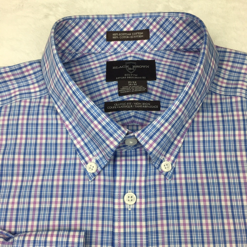 BLACK BROWN Dress Shirt Mens 18-36 Blue/Mauve Plaid Egyptian Cotton NWT! - Picture 2 of 11